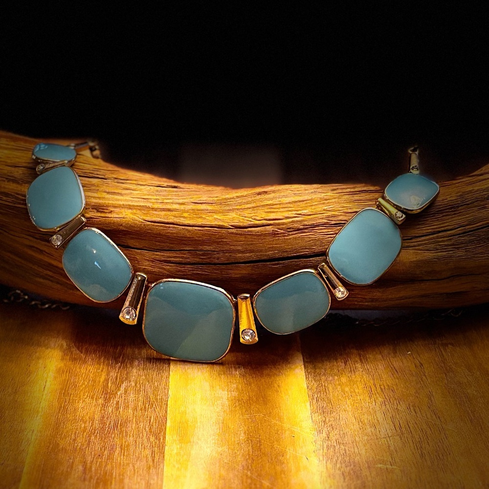 Turquoise & Gold Statement Bib Necklace Rhinestone Accent
